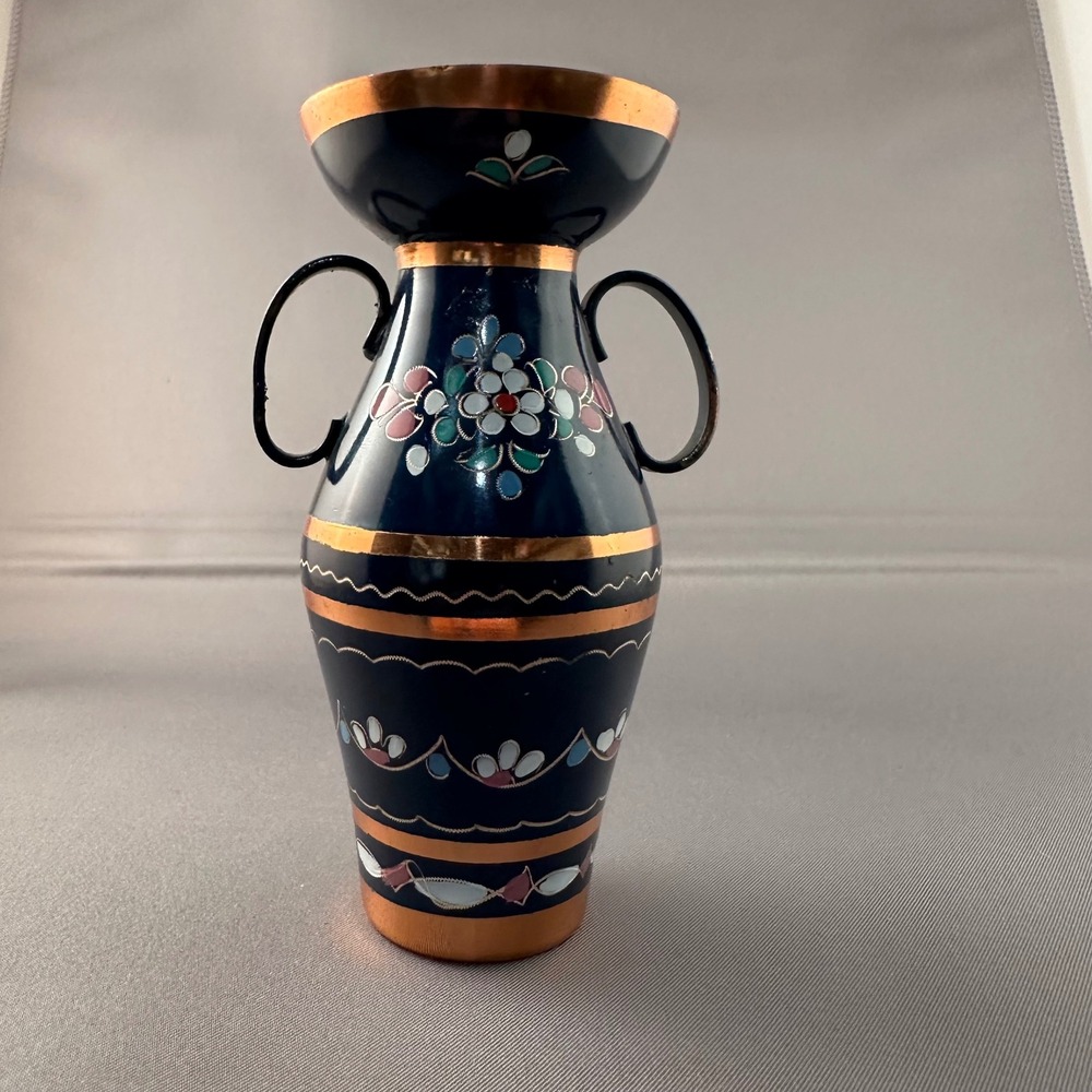 Vintage Gullistan Copper Vase Blue Floral Design Two Handles Made in Turkey‎ 4"